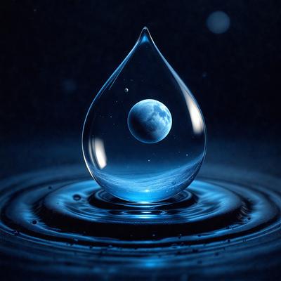 The primary subject of the image is a single drop of water, which is floating in a dark blue ocean. The setting is a nighttime scene, with the moon visible in the background. The visual style is a digital art, creating a surreal and serene atmosphere. The dominant colors are blue and black, with the blue ocean and the black night sky creating a striking contrast against the white moon.